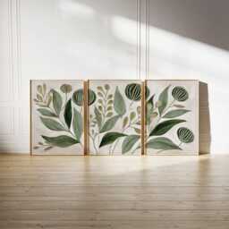 Hand Painted Green Botanical Poster Set - Abstract Leaves Sage Olive Neutral Tones - thumbnail 2