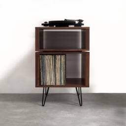"Tall European Walnut Record Player Stand, Premium Solid Wood Vinyl Storage On Mid Century Hairpin Legs ""Tall Stand" - thumbnail 2