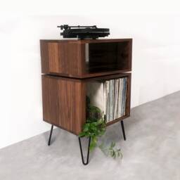 "Tall European Walnut Record Player Stand, Premium Solid Wood Vinyl Storage On Mid Century Hairpin Legs ""Tall Stand"