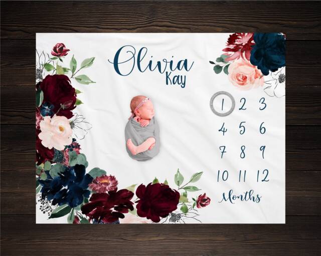 Burgundy & Navy Floral Milestone Blanket, Baby Month Girl Blanket Track Growth Keepsake Shower Gift - image 1