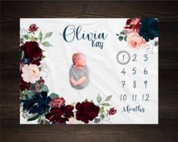 Burgundy & Navy Floral Milestone Blanket, Baby Month Girl Blanket Track Growth Keepsake Shower Gift - thumbnail 1