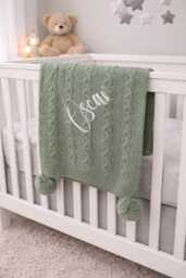 Personalised Baby Cable Knit Pom Blanket Sage Green 75cm X 90cm - Soft Custom Name Gift Nursery Decor Newborn - thumbnail 1