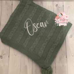 Personalised Baby Cable Knit Pom Blanket Sage Green 75cm X 90cm - Soft Custom Name Gift Nursery Decor Newborn - thumbnail 2