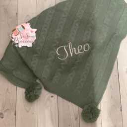 Personalised Baby Cable Knit Pom Blanket Sage Green 75cm X 90cm - Soft Custom Name Gift Nursery Decor Newborn - thumbnail 3