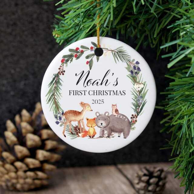 Personalised Baby's First Christmas Ornament Woodland Animal Ceramic Keepsake - image 1
