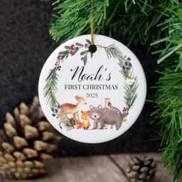 Personalised Baby's First Christmas Ornament Woodland Animal Ceramic Keepsake - thumbnail 1