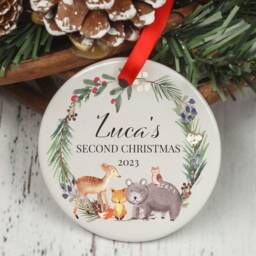 Personalised Baby's First Christmas Ornament Woodland Animal Ceramic Keepsake - thumbnail 2
