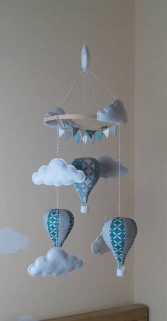 Unisex Hot Air Balloon Nursery Baby Mobile With Bunting Teal & Grey Polka-Quatrofoil - image 1