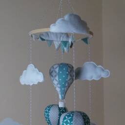 Unisex Hot Air Balloon Nursery Baby Mobile With Bunting Teal & Grey Polka-Quatrofoil - thumbnail 2