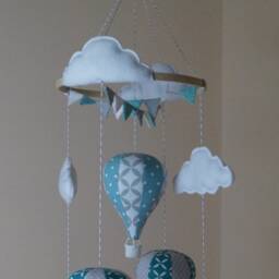 Unisex Hot Air Balloon Nursery Baby Mobile With Bunting Teal & Grey Polka-Quatrofoil - thumbnail 3