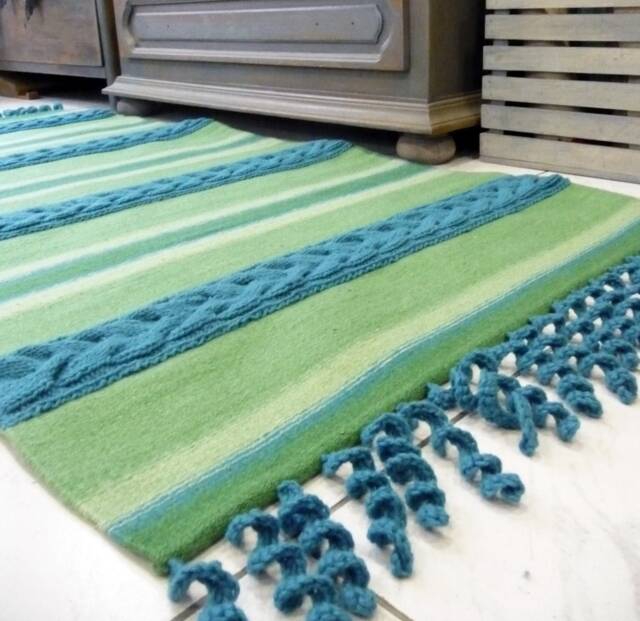 Unique Handwoven Woolen Rug With Cable Knitted Plates & Crocheted Fringies. Blue Green Floor Rug. Art Home Textile - image 1