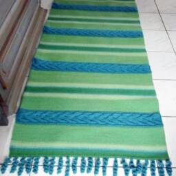 Unique Handwoven Woolen Rug With Cable Knitted Plates & Crocheted Fringies. Blue Green Floor Rug. Art Home Textile - thumbnail 4