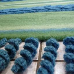 Unique Handwoven Woolen Rug With Cable Knitted Plates & Crocheted Fringies. Blue Green Floor Rug. Art Home Textile - thumbnail 3