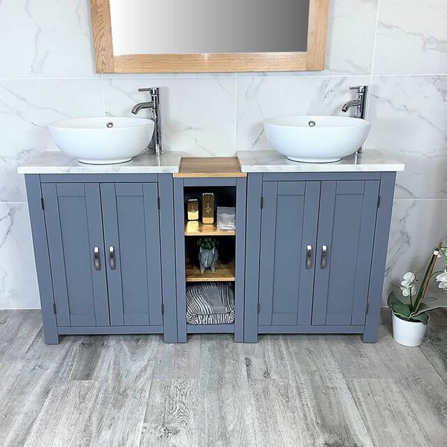 Hand Crafted Grey Painted Bathroom Vanity - Marble Top, Ceramic Basins - image 1