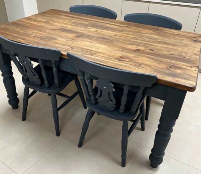 Dining Set Farmhouse Style 4 Chairs & Table, Seats 4-6 People, Painted Dixie Belle Silk Mineral Paint Colour Black Sands, Dark Stain - image 1