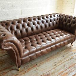 3 Seater Vintage Brown Leather Chesterfield Sofa, Couch, British Handmade - thumbnail 2
