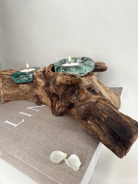 Hand Carved Driftwood Tea Light Holder - Unique Home Decor - image 1