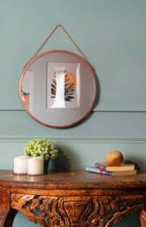 Hanging Mirror With Copper Finish & Chain/Round Vintage Look Wall Metal - thumbnail 1