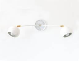 Mid Century Double Arm White & Brass Fixture Light Kitchen Sconce Gold Vanity Utility