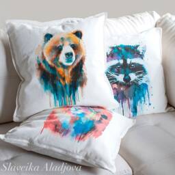 Grizzly Bear Throw Pillow Cover By Slaveika Aladjova, Cushion Cover, Decorative Pillow Cover, Animal Art, Watercolor Pillow, Christmas Gift - thumbnail 2