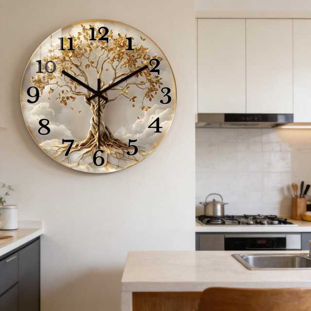 Tree Of Life Wall Clock, Silent Non Ticking Modern Gold Nature Decor - image 1