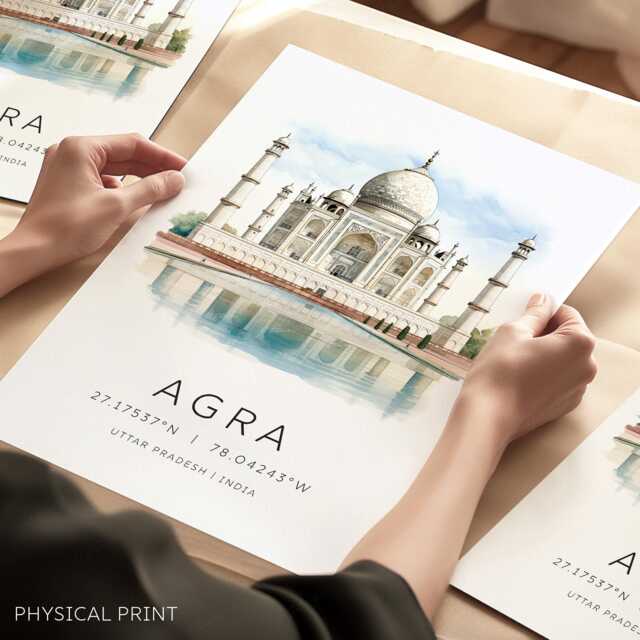 Taj Mahal Art Print, Agra Poster, India Landmark Illustrations, Map Coordinates, The Golden Triangle, Travel Gifts, Wall - image 1
