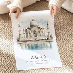 Taj Mahal Art Print, Agra Poster, India Landmark Illustrations, Map Coordinates, The Golden Triangle, Travel Gifts, Wall - thumbnail 2