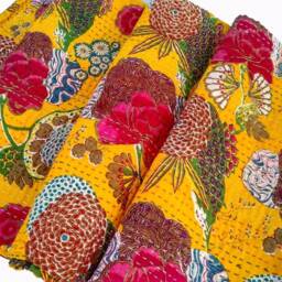 Indian Cotton Kantha Work Double Bed Quilts Handmade Sheet Bedspread Cover Blanket Floral Print Qudri 90x108 Inch Decor Art - thumbnail 4