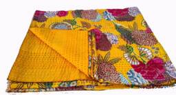 Indian Cotton Kantha Work Double Bed Quilts Handmade Sheet Bedspread Cover Blanket Floral Print Qudri 90x108 Inch Decor Art