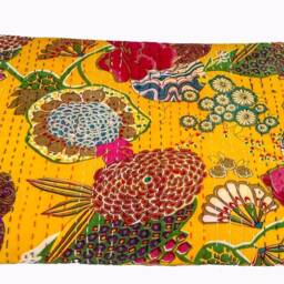 Indian Cotton Kantha Work Double Bed Quilts Handmade Sheet Bedspread Cover Blanket Floral Print Qudri 90x108 Inch Decor Art - thumbnail 2