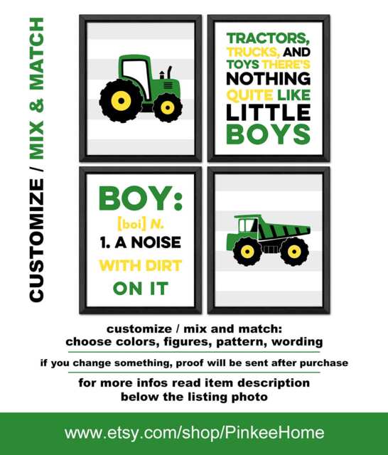 Green Tractor Nursery Decor, Truck Baby Art, Set Of 4 - Print/Canvas/Digi - image 1