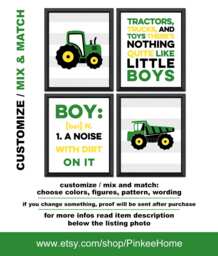 Green Tractor Nursery Decor, Truck Baby Art, Set Of 4 - Print/Canvas/Digi - thumbnail 1