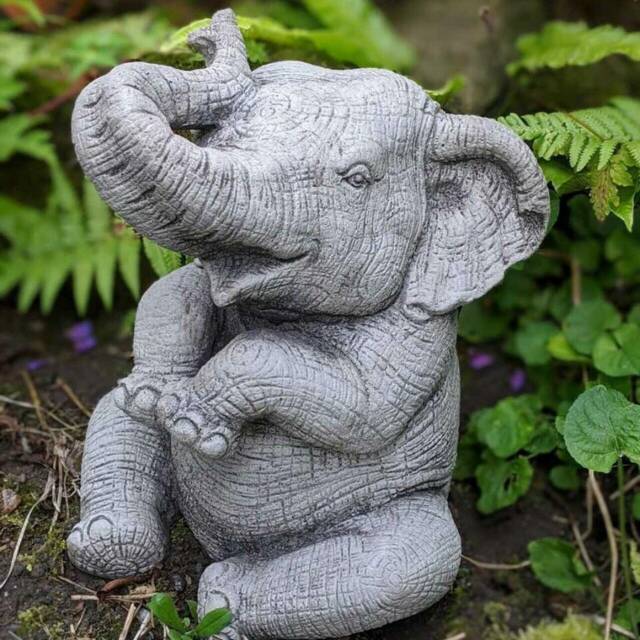 Trunk-Up Elephant Garden Statue Stone Cast Ornament - image 1