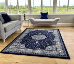 Navy Grey Silver Classic Traditional Vintage Thick Living Room Carpet Runners Floral Persian Style Rugs - thumbnail 1