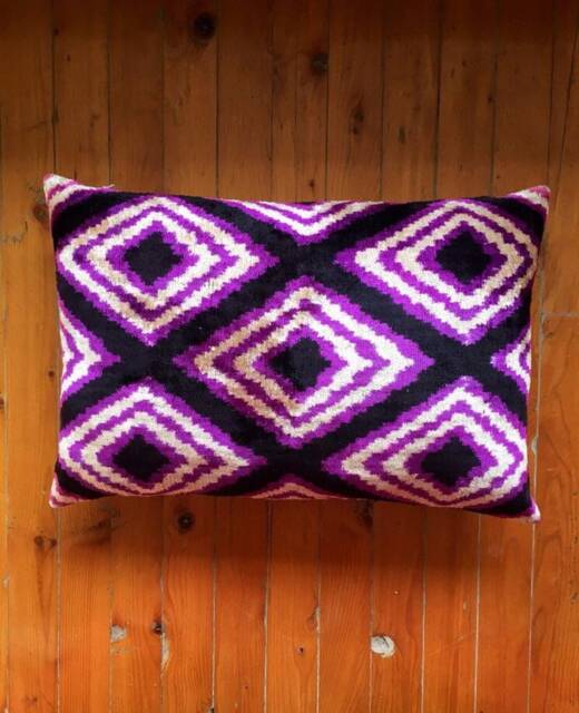 Handwoven Ikat Velvet Pillow Cover Purple Geometric Cushion - image 1