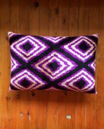 Handwoven Ikat Velvet Pillow Cover Purple Geometric Cushion - thumbnail 1