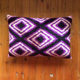 Handwoven Ikat Velvet Pillow Cover Purple Geometric Cushion - thumbnail 4