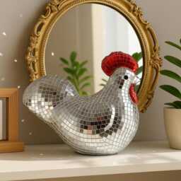 Disco Chicken Figurine Real Glass Mirror Tile, 70S Retro Decor - thumbnail 3