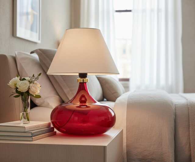 Handmade Concave Circle Red Hued Table Lamp Bedside Vintage Tablelamp - image 1