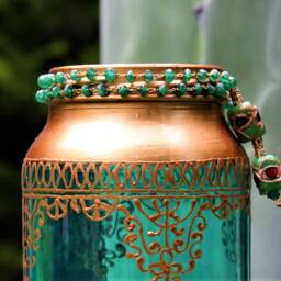 Emerald Moroccan Lantern Copper Accent Beaded Candle Holder - thumbnail 2