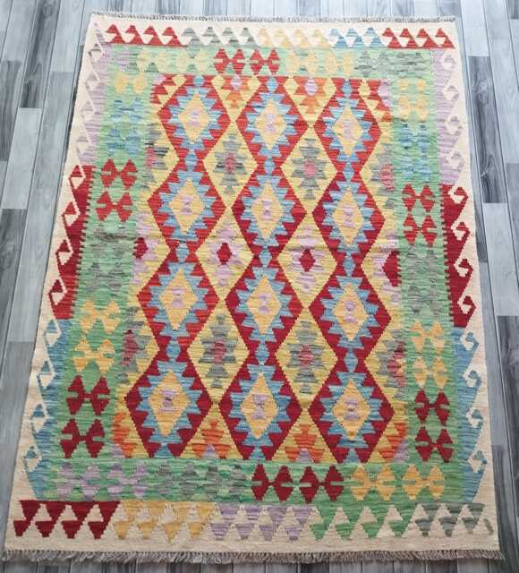 Kilim Rug Classic, Handmade Artisan Afghan Turkish, Scandinavian, Navajo, Bohemian Flatweave, Natural Wool 195x154 cm - image 1