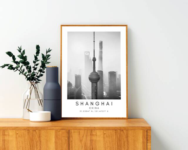 Shanghai City Print Black & White Minimalist Landmark Art - image 1
