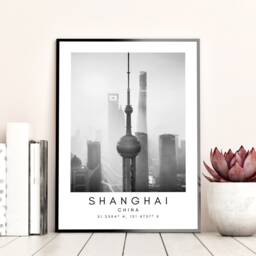 Shanghai City Print Black & White Minimalist Landmark Art - thumbnail 3