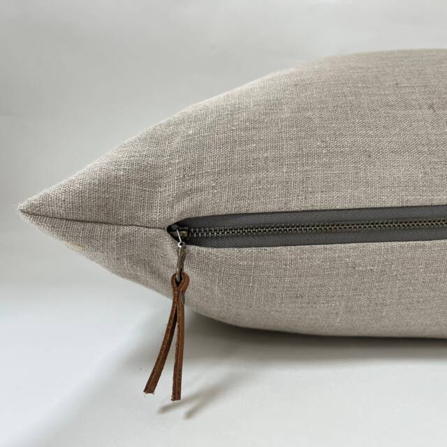Natural Linen Pillow Cover Tan Exposed Zipper-Leather Pull 14x24 20x20 22x22 24x24 High Quality Housewarming Gift 100% - image 1
