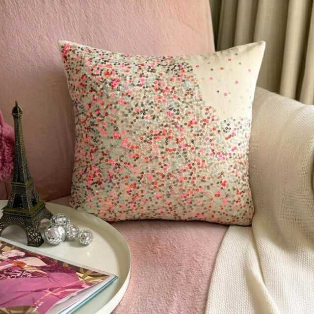 Sequin Embroidered Abstract Pattern, Pink Art Silk, 24x24/26x26 Modern Euro Sham - Wonderland Dust - image 1