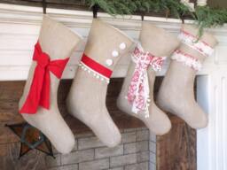 Burlap Stockings Red Collection Set Of 4 Family Christmas - Rustic Western Home- Charming Customizable/Personal Name Tags