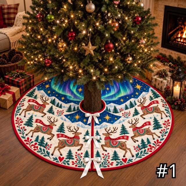 Aurora Reindeer Quilt Christmas Tree Skirt, Scandinavian Folk Art Winter Sky in Teal Cobalt Purple, Festive Holiday Base Decor - image 1