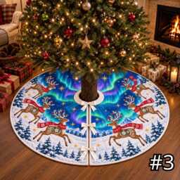 Aurora Reindeer Quilt Christmas Tree Skirt, Scandinavian Folk Art Winter Sky in Teal Cobalt Purple, Festive Holiday Base Decor - thumbnail 3