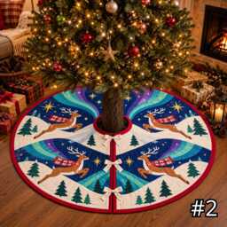Aurora Reindeer Quilt Christmas Tree Skirt, Scandinavian Folk Art Winter Sky in Teal Cobalt Purple, Festive Holiday Base Decor - thumbnail 2