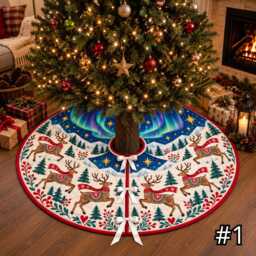 Aurora Reindeer Quilt Christmas Tree Skirt, Scandinavian Folk Art Winter Sky in Teal Cobalt Purple, Festive Holiday Base Decor